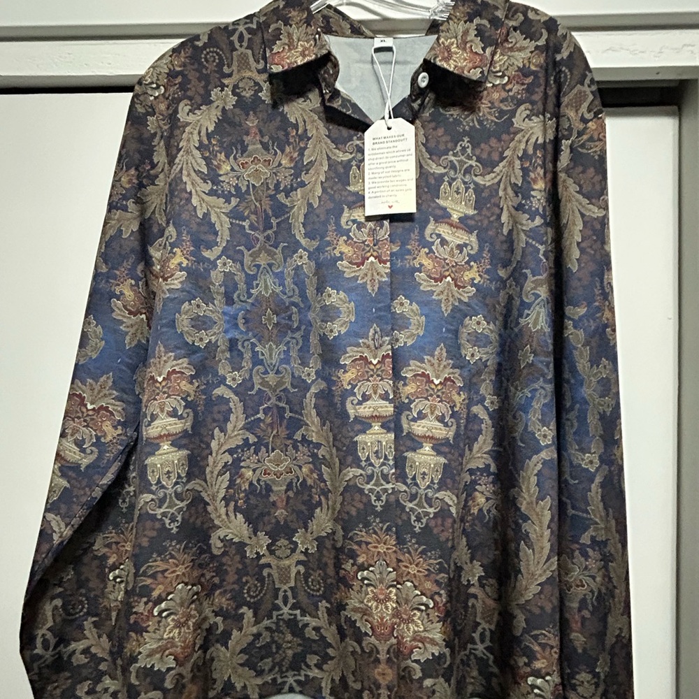 SHEIN Blue and Gold Baroque Button Down Shirt